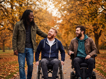 Three diverse male friends, two in wheelchairs and one walking, laugh joyfully while spending time together on a path in a beautiful autumn park with golden leaves.の素材