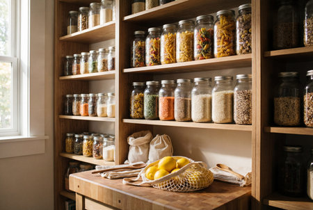 Wooden pantry shelves feature neatly arranged glass jars of pasta and grains while a mesh bag of yellow lemons rests on a wooden counter in natural light.の素材