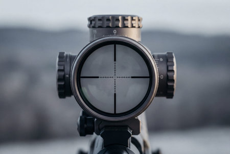 A close up view looking through the eyepiece of a precision tactical rifle scope displaying a sharp black crosshair reticle focused on a blurred outdoor background.の素材