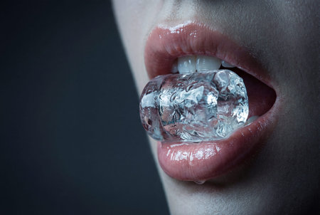 A hyper realistic close up captures a woman glossy nude pink lips slightly parted, holding a large, clear ice cube between her teethの素材