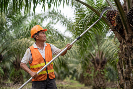 A senior asian agricultural worker wearing an orange helmet and safety vest uses a long metal pole with a sharp sickle to harvest ripe oil palm fruit bunches from a tall tree in a large plantation.の素材