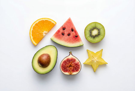 Overhead view of six distinct fresh fruit pieces including a watermelon triangle orange slice kiwi wheel avocado half fig and starfruit arranged neatly on a clean white surface.の素材