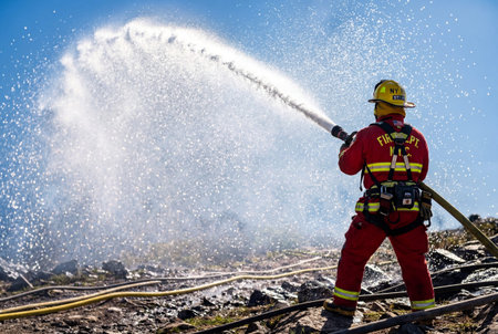 Firefighter in red protective suit and yellow helmet uses hose to spray water from behind during emergency response in outdoor setting with debris and clear skyの素材