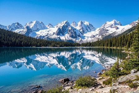 Clear mountain lake reflects snow capped peaks and surrounding forests under a vivid blue sky, capturing serene alpine scenery in a natural wilderness areaの素材