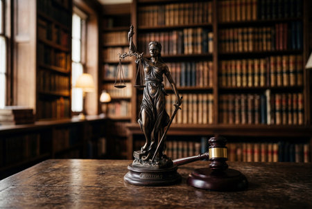 Lady justice statue holding scales and sword next to wooden gavel on table with blurred bookshelves in background under dramatic lightingの素材