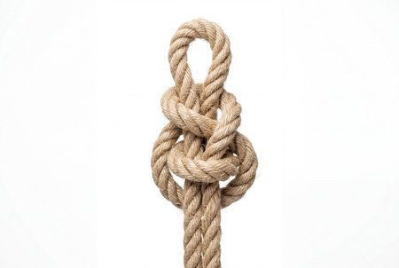 Durable working knot formed from thick natural colored rope standing upright isolated on white surface demonstrating secure tie for practical applicationsの素材