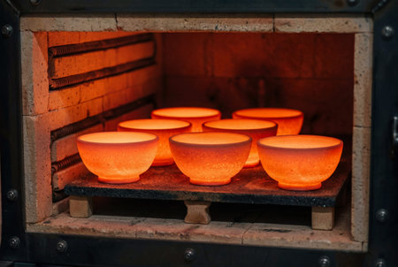 Six uniformly shaped ceramic bowls glow with orange red heat inside a clean electric kiln during high temperature firing process in pottery workshop ensuring even distribution of warmth for quality resultsの素材