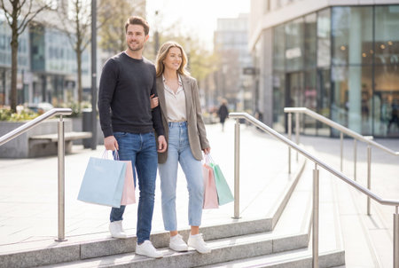 Stylish man and woman smiling while carrying multiple shopping bags, enjoying a day of retail therapy together on the steps of a modern urban shopping districtの素材