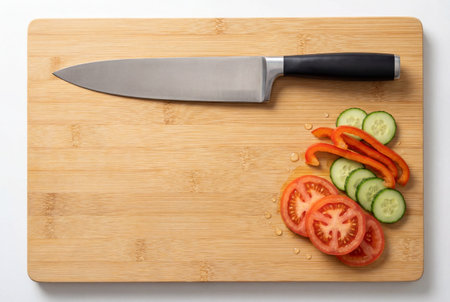 A clean, sharp chef kitchen knife with a black handle rests horizontally on a wooden cutting board, alongside freshly cut slices of cucumber, tomato, and bell pepper, ready for cookingの素材