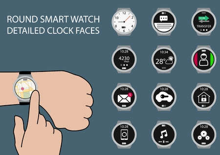 Vector illustration of finger swiping smart watch on wrist display with touch gesture. Multiple smart watch clockfaces using flat design to customize the illustration.のイラスト素材