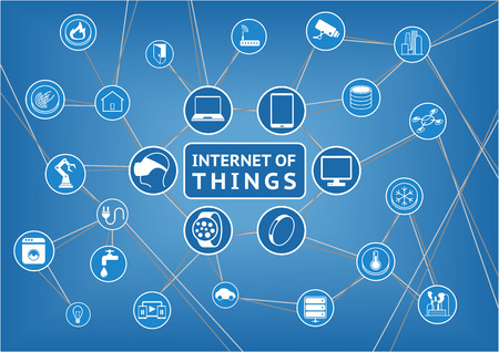 Internet of Things Represented by consumer and connected devices as vector illustration Objects are Smart Phone Smart Thermostat tablet notebook appliances smart home storage servers and otherのイラスト素材