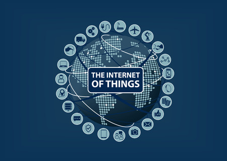 Internet of Things IoT word and icons with globe and dotted world map.のイラスト素材