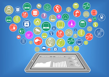 Flat Design Vector Illustration of modern smart phone or tablet connected to the Internet of Things via cloud computing. Big Data Dashboard Displayed on smartphone display.のイラスト素材