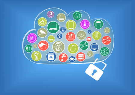 Cloud computing Security for Internet of Things Technology Visualized by cloud devices and lockのイラスト素材
