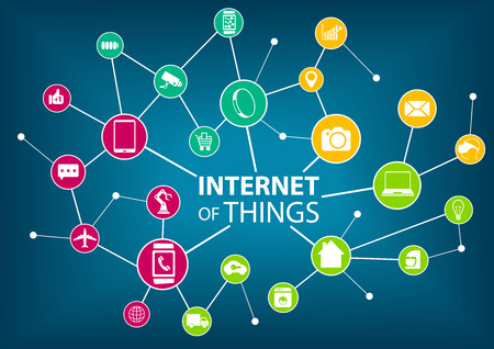 Vector illustration of internet of everything IOT concept. Various colorful icons of devices: such as sensors and mobile devices connected within a wireless network. Dark blue background.のイラスト素材
