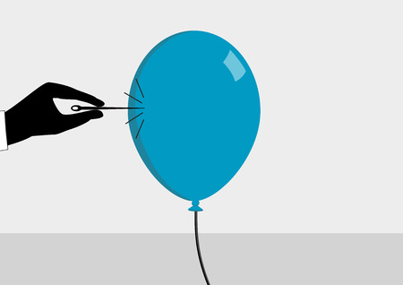 About to burst the bubble. Hand with needle and balloon. Vector illustration for financial crisis conceptのイラスト素材