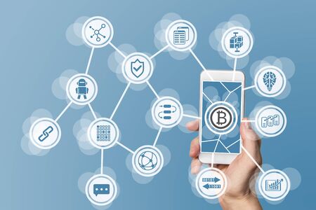 Block Chain and bitcoin concept Visualized by mobile phone and blue background