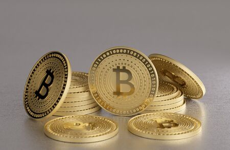 Stack of golden bitcoins on metal floor as concept for virtual crypto currencyの写真素材