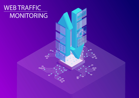 Web traffic monitoring concept. 3d isometric vector illustration with floating arrows and monitoring arrows in order to control data flowのイラスト素材