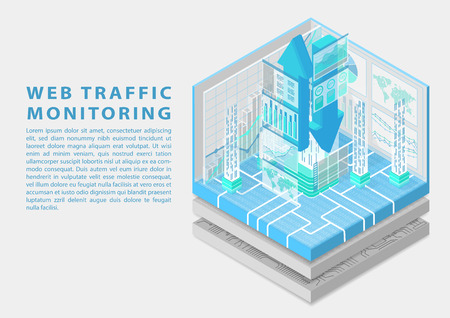 Web traffic monitoring concept with floating and downloading arrows and various monitors as isometric 3d vector illustration.のイラスト素材