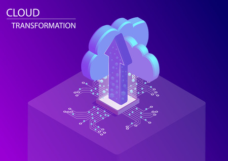 Cloud transformation and digitization concept. 3d isometric vector illustration with floating arrow and cloud symbolsのイラスト素材