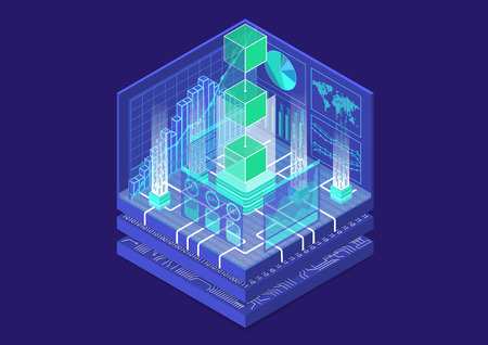 Blockchain concept with floating blocks as isometric 3d vector illustrationのイラスト素材