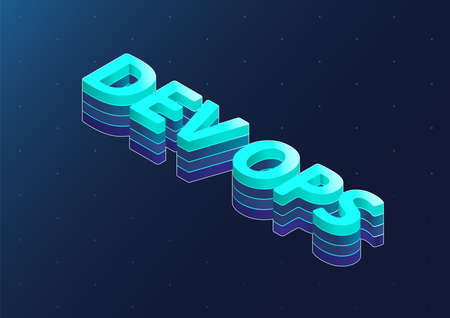 Dev Ops 3d isometric vector text. Isometric blue letters on dark blue background.のイラスト素材