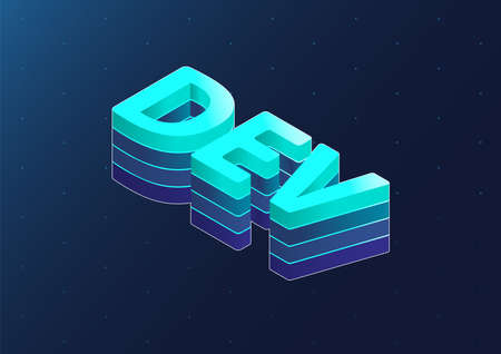 Dev 3d isometric vector text. Isometric blue letters on dark blue background as an example for...