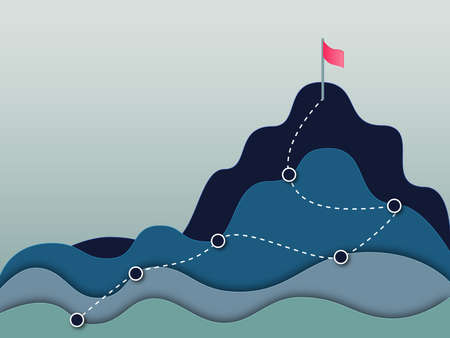 Roadmap concept with milestones. Paper cut vector illustration of mountains and red flag on mountain peak. Concept of business success and achievementのイラスト素材