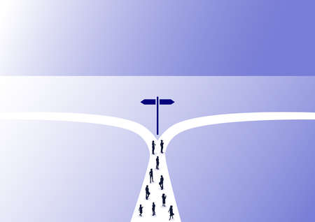 Business direction and business change concept. Vector illustration of a group of people waiting at a two way street junction with two alternatives. Bird's eye view of people and aのイラスト素材