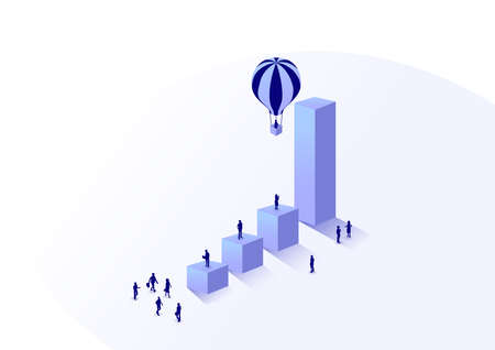 Vector illustration of an increasing bar chart and a hot air balloon rising. Business concept of...