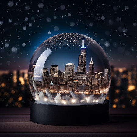 Close up of a snow globe with a cityscape of downtown Chicago with bokeh effect. City at night with snow on the ground. Concept of winter, holiday season and Christmas.の素材