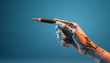 A robotic hand holding a pencil. Concept for creative AI like LLM, generative AI and personal writing assistant.の素材