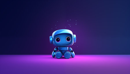 A close up of a cute little robot sitting on the ground. Gradient technology wallpaper in blue and turquoise color.の素材