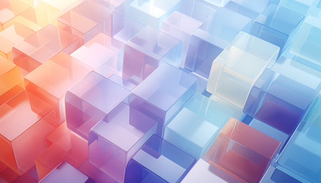 A variety of different translucent colorful cubes. Minimalistic wallpaper for websites with pastel color scheme.の素材