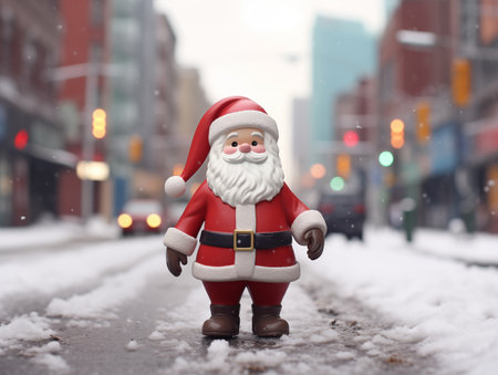 Cute toy Santa Claus. Standing in the snow in the city. Blurred background.の素材