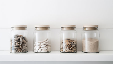 Jars containing beach pebbles and sand on white cupboard. Concept of preserving good summer memories. Minimalistic wallpapers.の素材