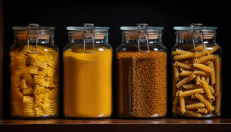 Four preserving jars on kitchen cupboard with assortment of pasta, grain and lentils. Minimalistic wallpaper with dark background.の素材