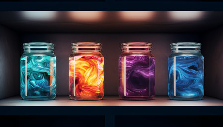 Glass bottles on cupboard containing mysterious liquid potion in different dramatic colors. Concept of magic, mystery and sorcery.の素材