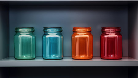 Four empty colorful preserving jars on cupboard. Concept of storage, choice, organizing.の素材