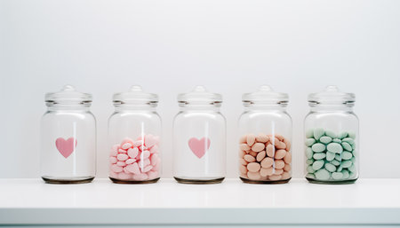 Glass jars with pink hearts and beach pebbles. Concept of finding mister or misses right on Valentine's Day and online dating.の素材