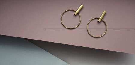 Circle modern design Golden Earrings on pastel colors backgroundの写真素材