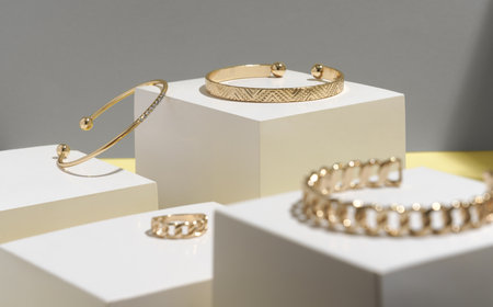 Golden bracelets and ring on white cubic blocks