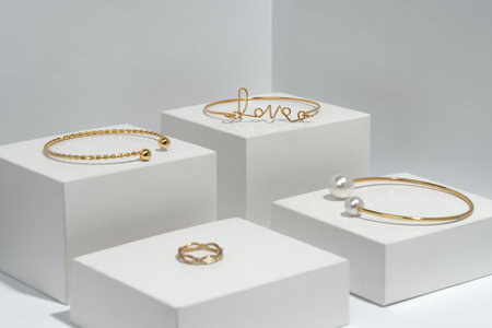 Golden bracelets and ring on white cubesの写真素材