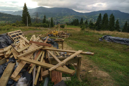 Construction wood waste on Carpathian mountains in Ukraineの写真素材