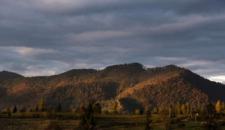 View of Heart shape mountain forest at sunsetの写真素材