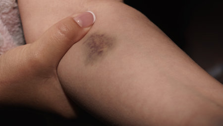 Woman in pain touching her bruised armの写真素材
