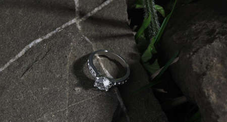 Diamond Solitaire Ring on a rock between grass with copy spaceの写真素材