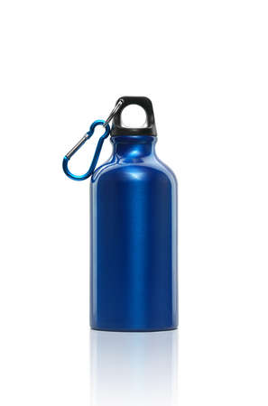 Front view of blue metal water bottle isolated on white backgroundの写真素材