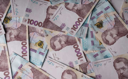 Top view of Ukrainian currency 1000 banknotesの写真素材